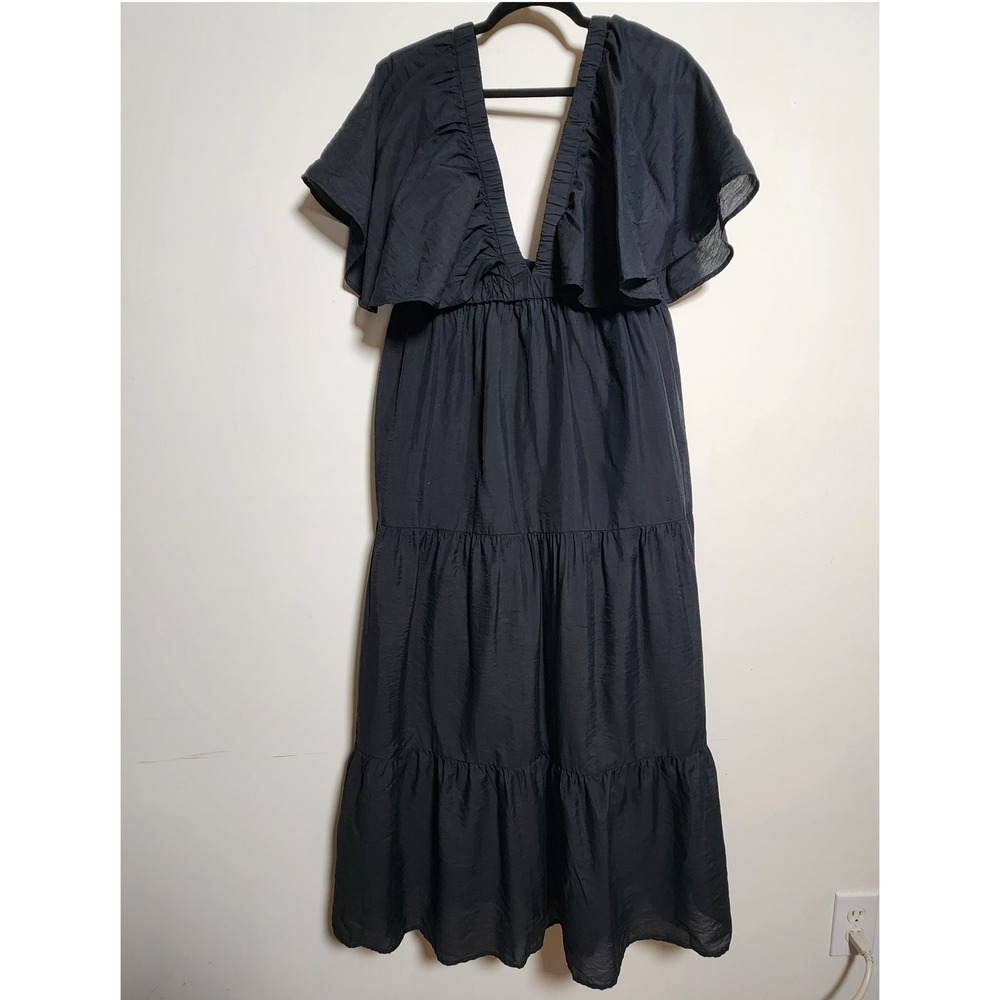 Venus Crinkle Midi Dress Lrg Tiered Deep V Open Back Flutter Sleeves Lined